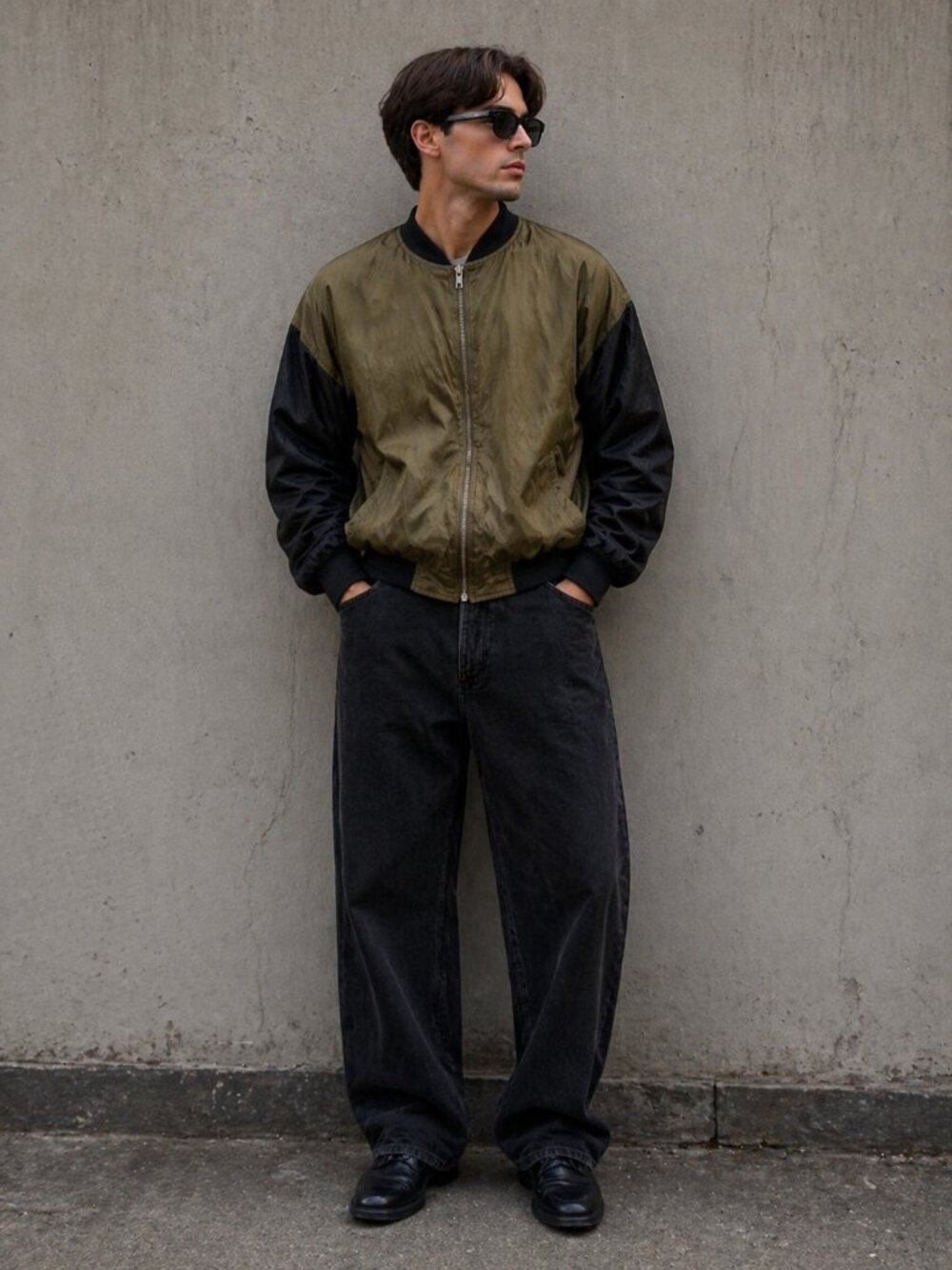 Vintage Protest 100% Silk Bomber Jacket XL Oversized Olive Green Black Y2K 90's